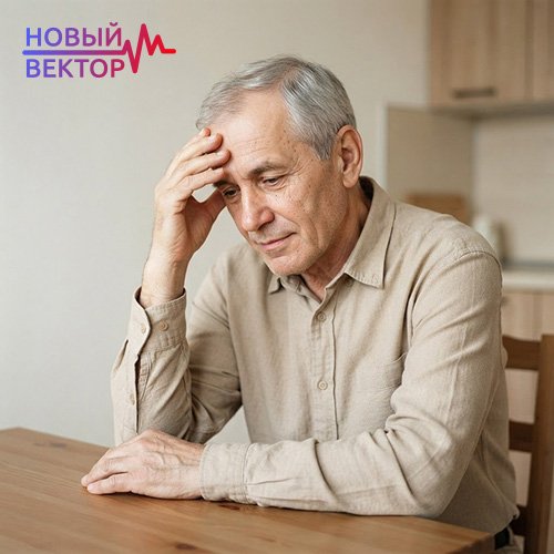 Пожилой мужчина сидит за столом, держась за лоб из-за недомогания, которое может указывать на перепады артериального давления и необходимость госпитализации при выводе из запоя на дому